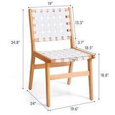 a wooden chair with a white woven seat and back, measurements for the size of the chair