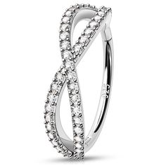 a white gold ring with diamonds in the middle and an intertwined design on top