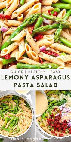 lemony asparagus pasta salad in two pans with the title above it