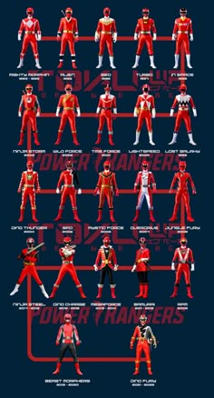 the power rangers are all in red and white uniforms, with their names on them