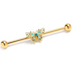 Product Details14 Gauge Blue Gem Gold Tone Rococo Butterfly Industrial Barbell 38mm Get ready to rock some regal style with this 14 gauge helix barbell. It is made with a 1 1/2 inch gold tone PVD over 316L surgical grade stainless steel straight barbell with 5mn ball ends. It features a heavily ornamented butterfly charm, with rich green detailing and textured embellishment. The butterfly features blue and yellow gems set in its back as well. You can even slide it up and down the length of the b Regal Style, Types Of Ear Piercings, Pretty Ear Piercings, Barbell Earrings, Yellow Gems, Industrial Barbell, Industrial Piercing, Ear Candy, Rich Green