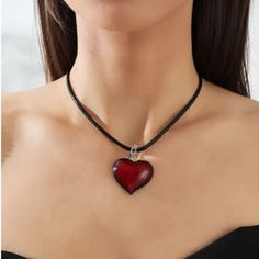 Heart Is Made Of Glass, New Still In Packing. Black Double Heart Necklace For Valentine's Day, Trendy Black Heart Necklace For Valentine's Day, Valentine's Day Black Double Heart Necklace, Black Heart Beads Necklace For Valentine's Day, Black Heart Necklace For Valentine's Day, Red Heart Pendant Necklace, Shein Jewelry, Red Heart Pendant, Glass Heart Necklace