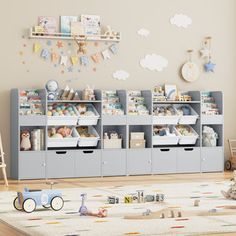 a child's room with toys and bookshelves