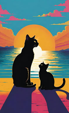 two cats are sitting on the edge of a pier looking at the sunset over the water