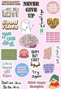 some stickers that are on the side of a pink background with words and phrases