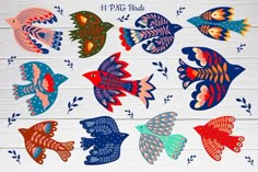 an assortment of colorful birds painted on white wooden planks with text overlay that says 11 png bird