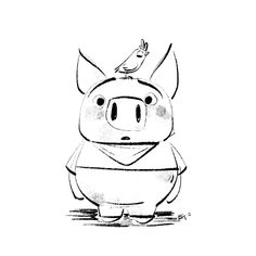 a black and white drawing of a pig with a bird sitting on top of it