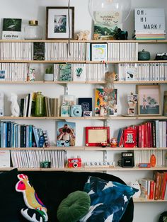 the bookshelf is full of books and pictures on it's sides, along with a stuffed animal