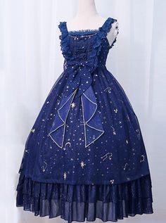 Buy *The Night Of Stars And Moon* JSK High Waist Gradient Classic Lolita Sleeveless Starry Sky Dress on Lolitain.com. Choose your perfect classic lolita dress, gothic lolita dress, and more. Regular discounts up to 50% off. Fancy Clothing, Space Dress, Sky Dress, Classic Lolita, Oc Inspo, Dark Blue Dress, Theme Dress, Star And Moon, Chiffon Fashion