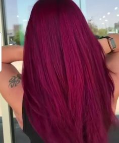 Deep Raspberry Hair Color, Red Magenta Hair Color, Fuschia Pink Hair, Fushia Highlights, Pink Burgundy Hair, Radiant Raspberry Hair Color, Violet And Red Hair, Dark Pink Hair Color, Burgundy Pink Hair