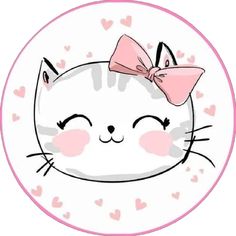 a white cat with a pink bow on it's head and hearts in the background