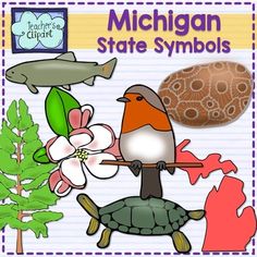 an image of michigan state symbols with flowers and birds in the background, including a turtle