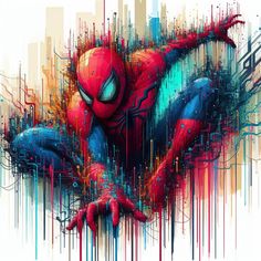 a spider - man painting on a white background with multicolored splats