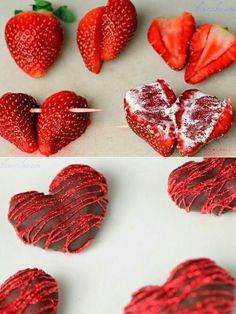 strawberries cut into hearts and placed on a cutting board to make them look like they have been dipped in chocolate