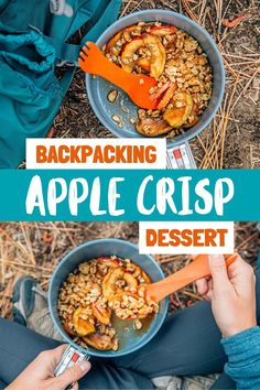 an apple crisp dessert in a blue bowl with the title overlay reading backpacking apple crisp desert