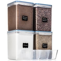 three plastic containers filled with different types of beans and other food items next to each other