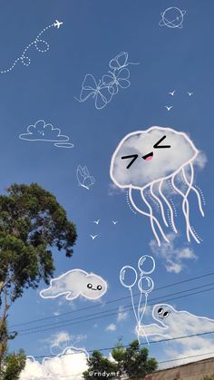 an image of a kite flying in the sky with clouds and animals drawn on it