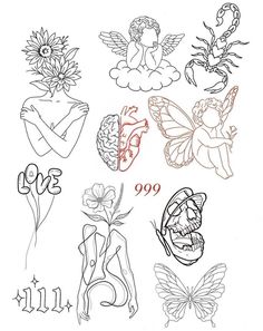 some tattoos with different designs on them, including flowers and butterflys in the background