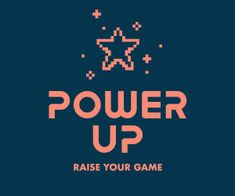 an old school video game logo with the words power up and stars in pink on a blue background