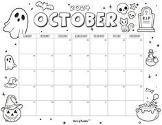 a calendar with halloween items on it and the word october written in black ink next to an image of a ghost