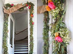 there are two pictures with flowers on the wall and one is decorated with greenery