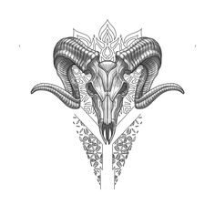 an animal skull with horns and flowers on it's head is shown in black and white