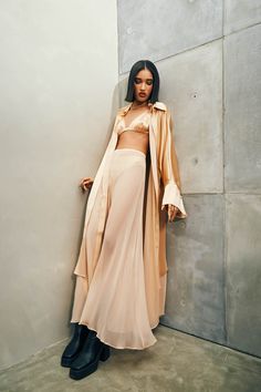 Ships 4 to 6 weeks from order date Details: Pale Blush Chiffon Slip on pant Neutral Beige Outfit, Chiffon Pants Outfit, Chic Full Length Silk Pants, Ethereal Pants, Fitted Silk Full-length Pants, Chic Full-length Silk Wide Leg Pants, Fitted Full-length Silk Pants, Mutant Oc, Eclectic Outfit