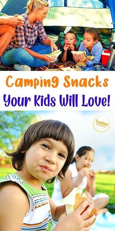 there are two pictures with kids eating and camping snacks in the background text reads, camping snacks your kids will love