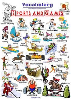 a poster with various sports and games written in different languages, including the word's name