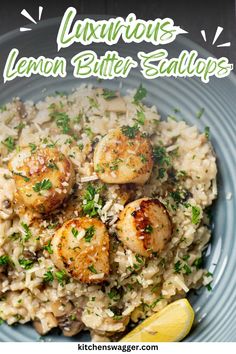 lemon butter scallops on top of rice with parsley