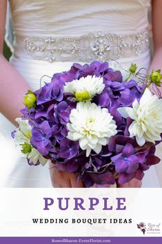 a bride holding a purple and white bouquet with text overlay that reads, purple wedding bouquet ideas