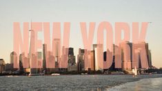 the new york city skyline is shown in pink and white with text overlaying it