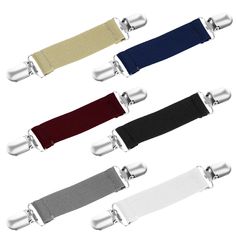 four colors of belt with metal clips on each side and white, black, blue, red