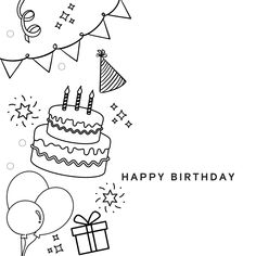 black and white birthday card with balloons, presents and cake on it's side