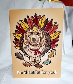 a thanksgiving card with a dog wearing a turkey hat on it's head and the words, i'm thank for you