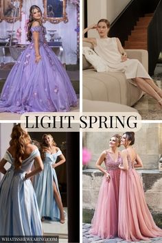 four different styles of dresses with the words light spring on them