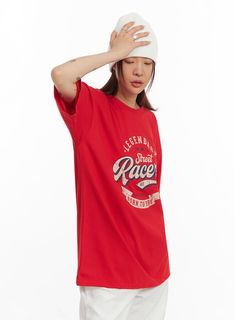 oversize-graphic-lettering-tee-iy410 / Red Red Casual T-shirt With Graphic Design, Oversized School Spirit T-shirt With Letter Print, Summer Streetwear T-shirt With School Spirit, Casual Tops With Relaxed Fit For Campus, Casual Relaxed Fit Tops For Campus, Oversized Graphic Print T-shirt For College, Trendy Red T-shirt For Streetwear, Short Sleeve Tops For School Spirit Streetwear, Trendy Crew Neck Tops For Campus