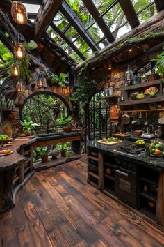 an outdoor kitchen with wood floors and lots of greenery on the walls, along with potted plants