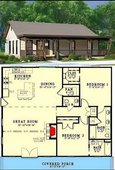 the floor plan for a small cabin home with two bedroom and an attached porch, is shown