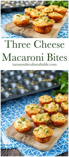 three cheese macaroni bites on a wooden cutting board with the title above it