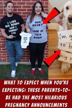 two people standing next to each other with signs on their backs and a dog holding a sign