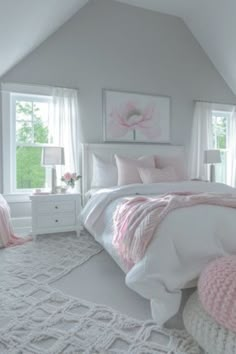 a bedroom with white and pink decor in shades of gray, light pink and white