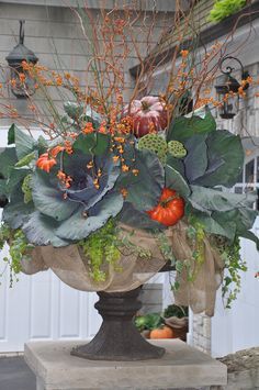 a vase filled with lots of different types of flowers and plants in front of a building