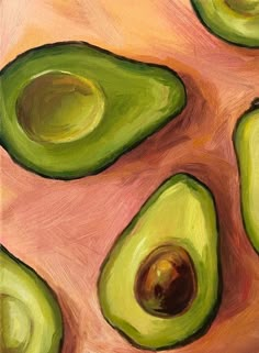 an oil painting of avocados on a pink background