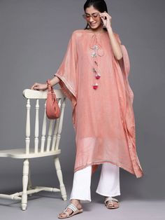 Pink Viscose Georgette Striped Kurta - Inddus.com Pink Straight Kurta Kaftan For Festive Occasions, Festive Pink Straight Kurta Kaftan, Bohemian Georgette Kurta For Summer, Pink Tunic Kurta For Festive Occasions, Summer Bohemian Georgette Kurta, Pink Tunic For Eid, Festive Pink Tunic, Festive Pink Tunic Kurta, Pink Straight Kurta For Summer