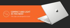 an orange and white banner with a laptop on it's side that says, compact and light as you need this light and designed to travel