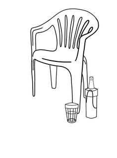 a black and white line drawing of a chair with two bottles on the floor next to it