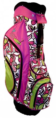 a pink and green golf bag with flowers on it