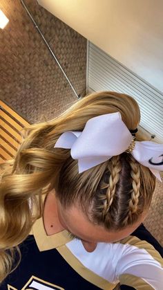 Cheer Comp Hairstyles With Bows, Cheer Comp Hair High Pony, Unique Cheer Hairstyles, Cute Hairstyles Cheer, Competition Cheer Hairstyles, Low Cheer Ponytail With Bow, Cheer Competition Hairstyles With Bows