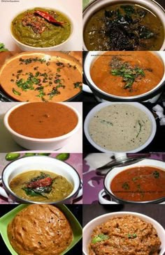 many different types of soups are shown in this collage, including broccoli